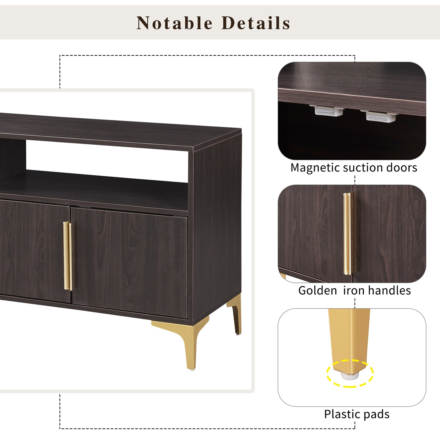 TREXM 58” L Sideboard with Gold Metal Legs and Handles Sufficient Storage Space Magnetic Suction Doors (Espresso)