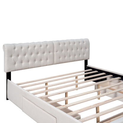 King Size Upholstery Platform Bed with Four Drawers,Beige