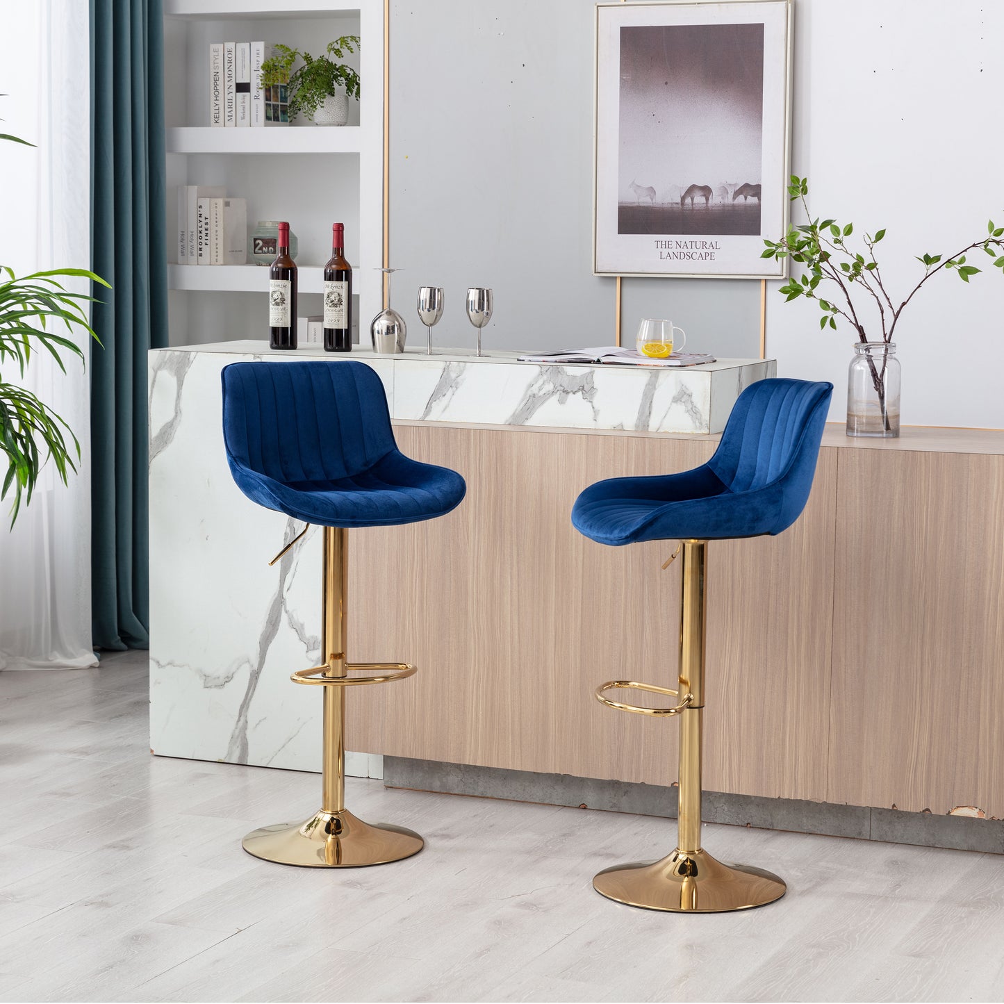 Chrome Footrest and Base Swivel Height Adjustable Mechanical Lifting Velvet + Golden Leg Simple Bar Stool,Set of 2,Navy