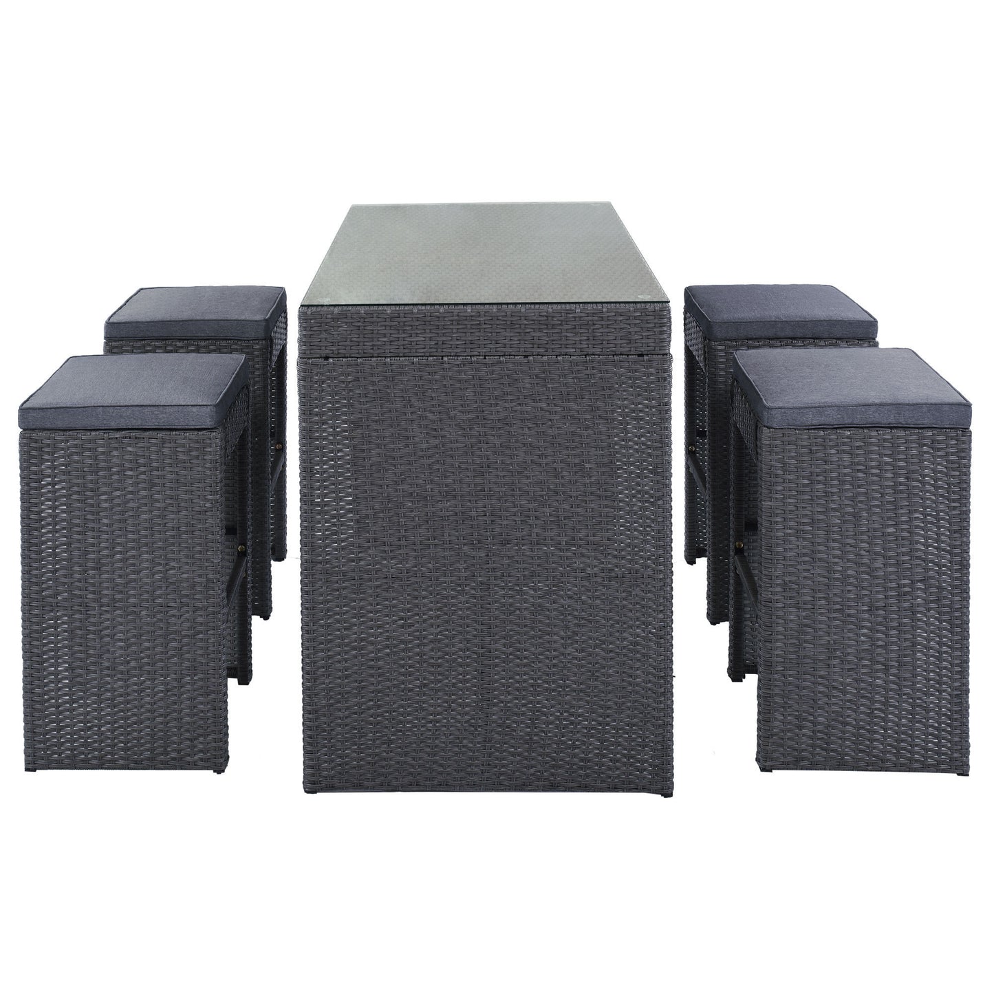 Topmax 5-piece Rattan Outdoor Patio Furniture Set Bar Dining Table Set with 4 Stools, Gray Cushion+Gray Wicker