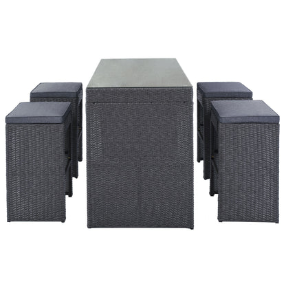 Topmax 5-piece Rattan Outdoor Patio Furniture Set Bar Dining Table Set with 4 Stools, Gray Cushion+Gray Wicker