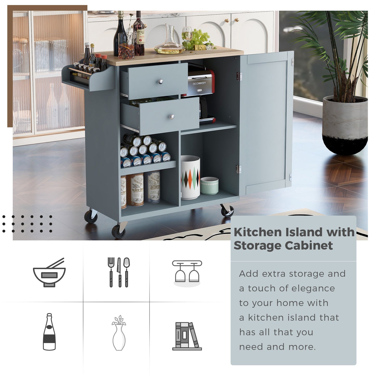 K&K Store Kitchen Cart with Spice Rack ,Towel Rack & Two Drawers,Rubber wood top,Kitchen Island with 4 Wheels for Dining Rooms Kitchens Living Rooms, Grey Blue