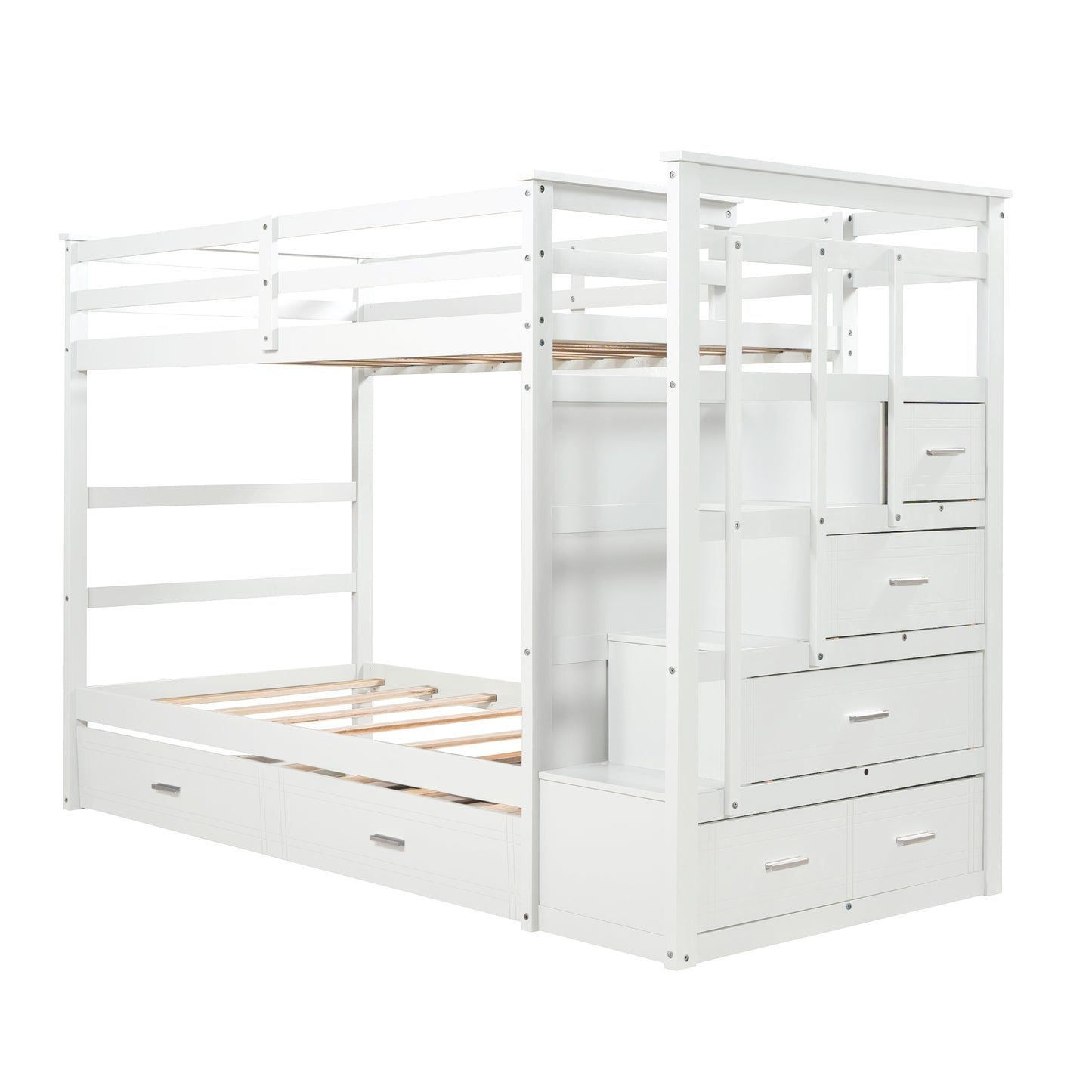 Solid Wood Bunk Bed, Hardwood Twin Over Twin Bunk Bed with Trundle and Staircase, Natural White Finish(OLD SKU :LP000068AAP)