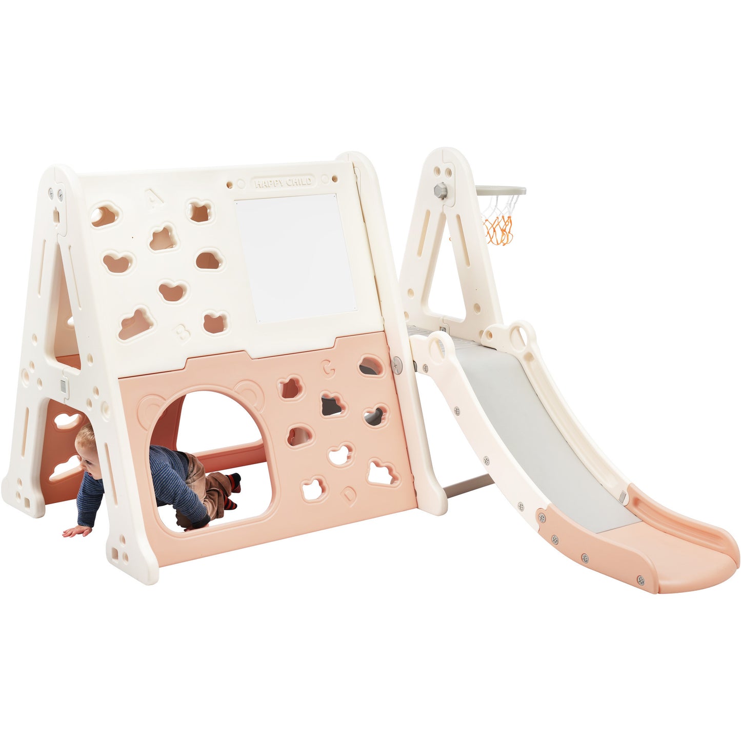 7-in-1 Toddler Climber and Slide Set Kids Playground Climber Slide Playset with Tunnel, Climber, Whiteboard,Toy Building Block Baseplates, Basketball Hoop Combination for Babies