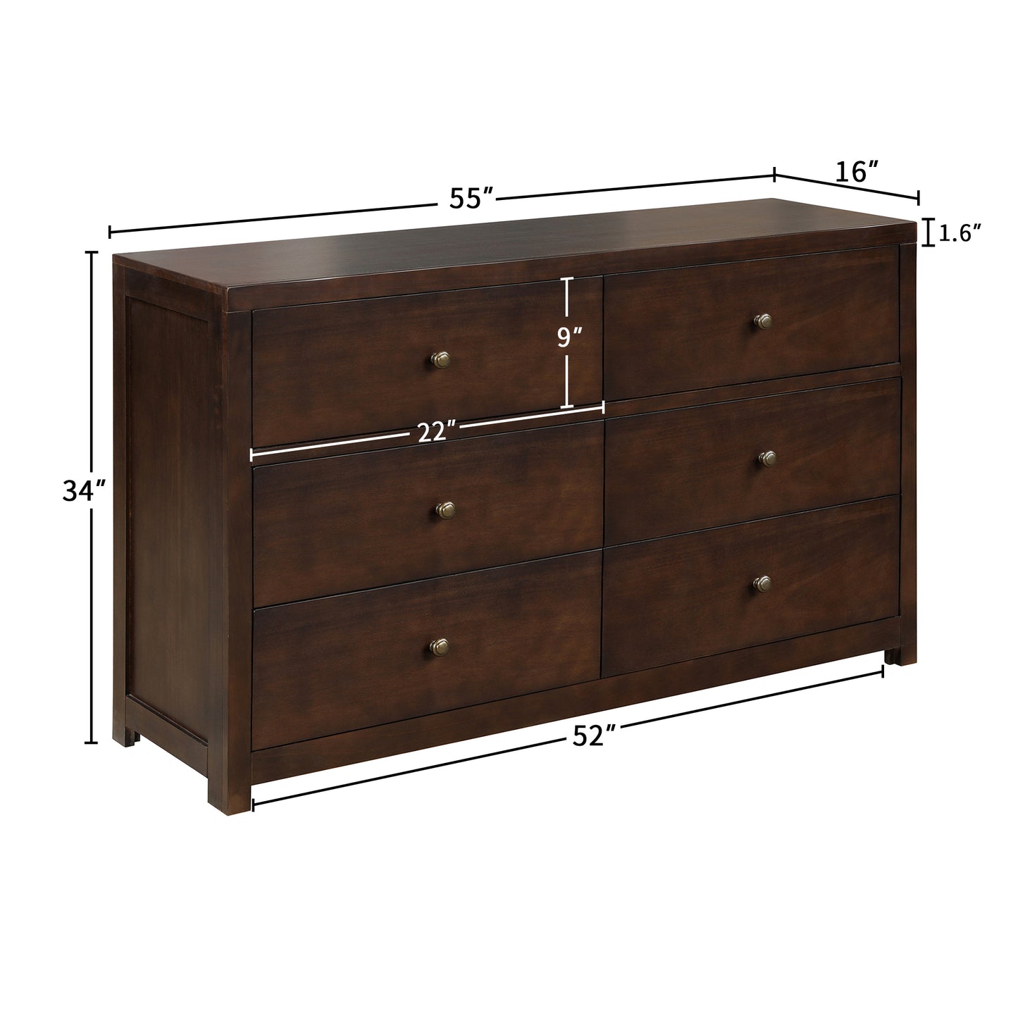 Vintage Aesthetic Solid Wood 6 Drawer Double Dresser in Rich Brown (Dresser of Freely Configurable Bedroom Sets)