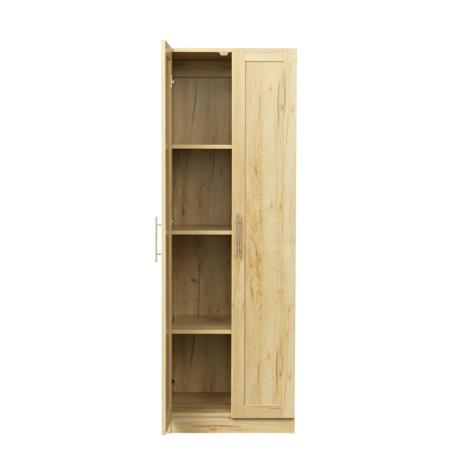 High wardrobe and kitchen cabinet with 2 doors and 3 partitions to separate 4 storage spaces,Oak