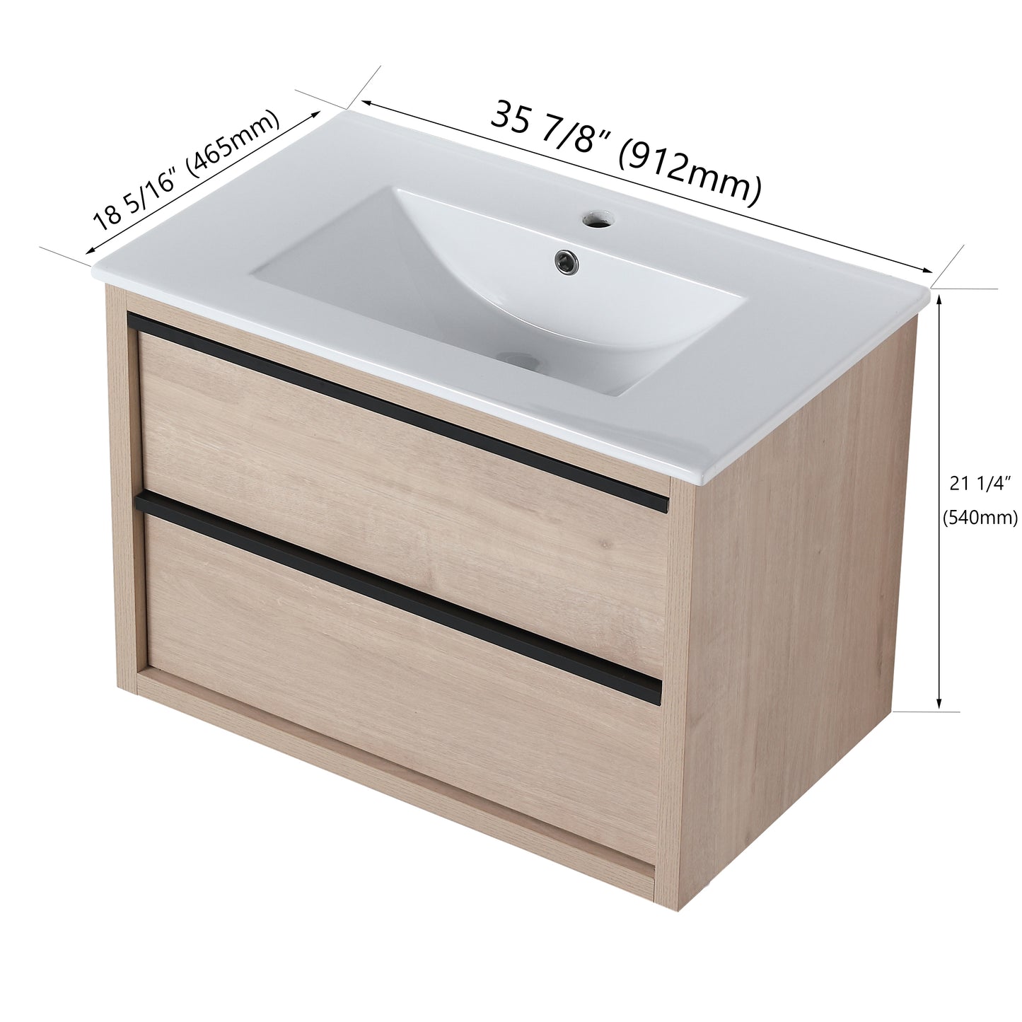 36" Bathroom Vanity with 2/3 Soft Close drawers,  White ceramic basin(BVA02536PLO-F-BL9090B)