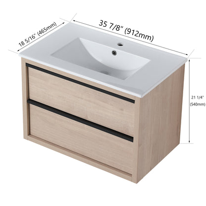 36" Floating Wall-Mounted Bathroom Vanity with  White Ceramic Rectangle Sink & 2 Soft Close Drawers