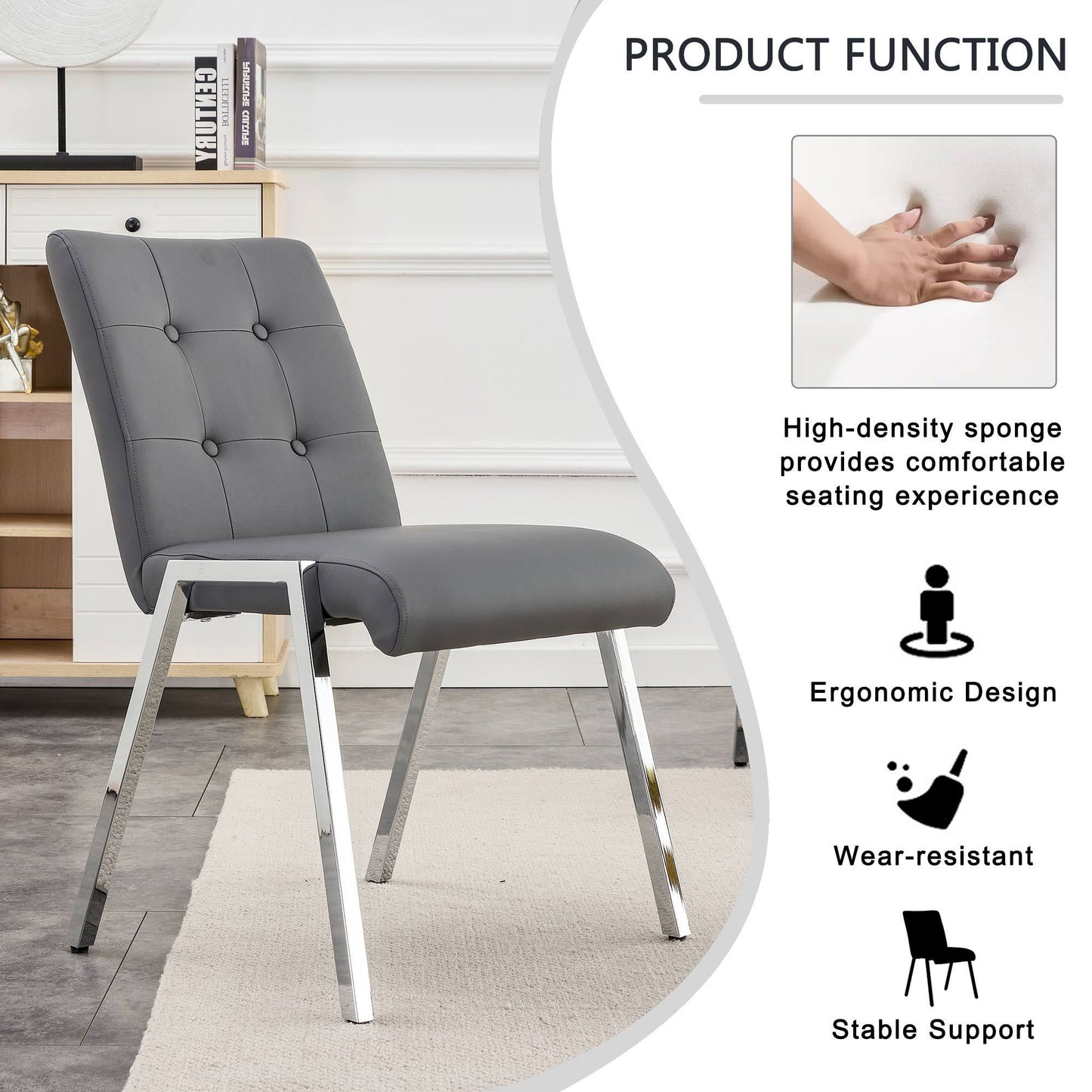 Grid shaped armless high back dining chair,2-piece set, office chair. Applicable to dining room, living room, kitchen and office.Dark Grey Chair and Electroplated metal leg