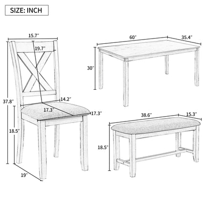 TREXM 6-Piece Kitchen Dining Table Set Wooden Rectangular Dining Table, 4 Fabric Chairs and Bench Family Furniture (Grey)