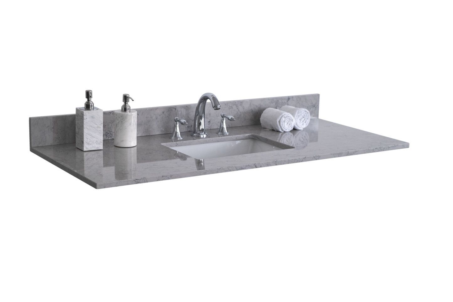 Montary 37 inches bathroom stone vanity top calacatta gray engineered marble color with undermount ceramic sink and 3 faucet hole with backsplash