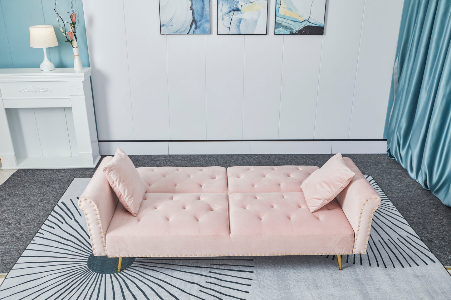 [New+Video]Pink velvet nail head sofa bed with throw pillow and midfoot