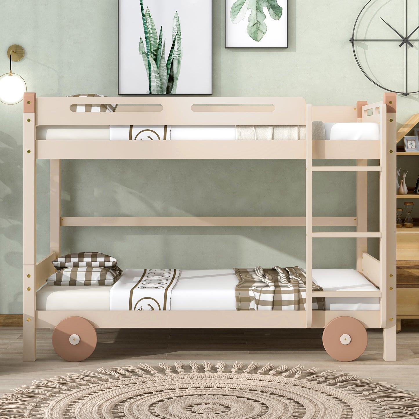 Twin Size Car-Shaped Convertible Bunk Bed, White, Natural+Brown