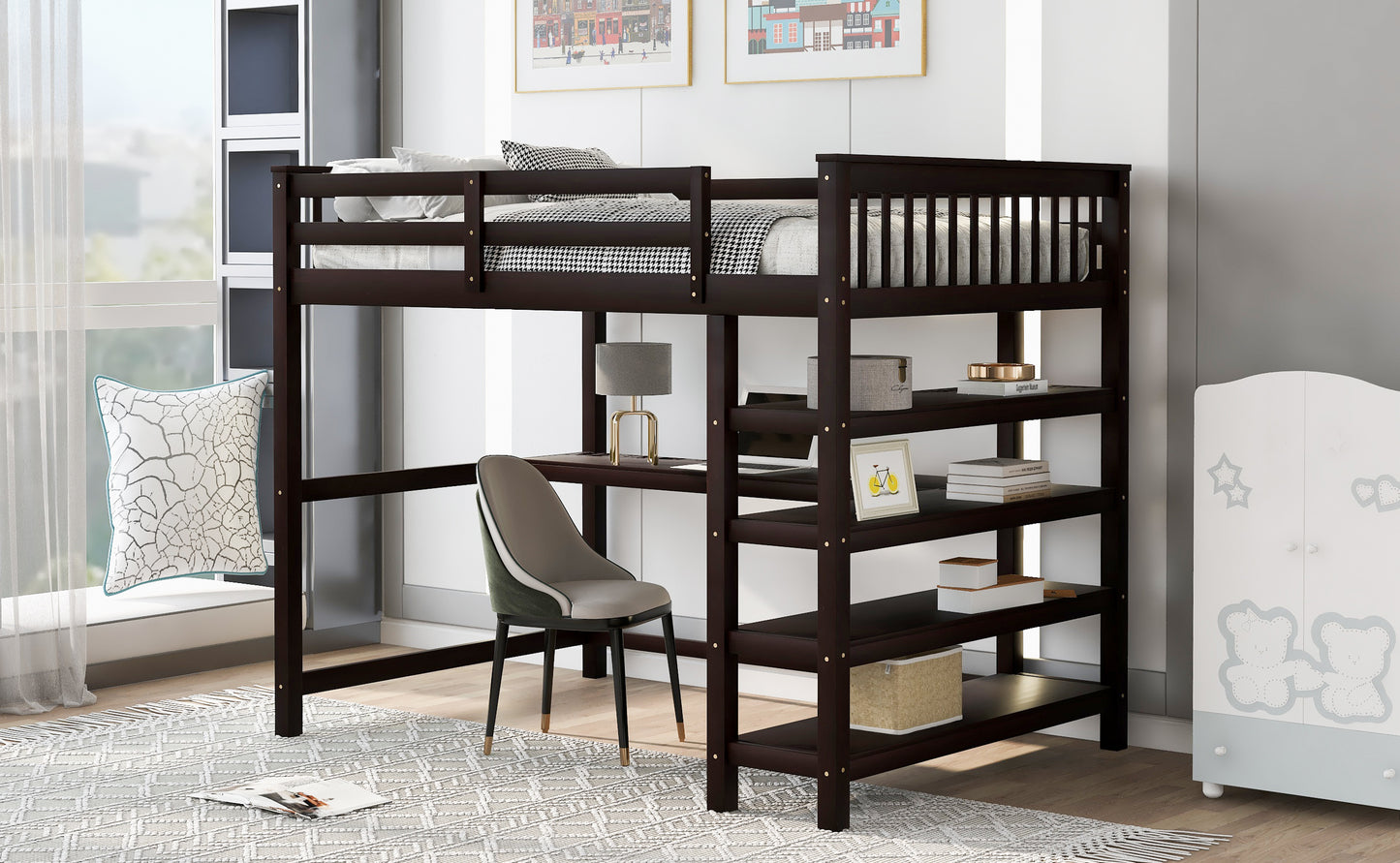 Full Size Loft Bed with Storage Shelves and Under-bed Desk, Espresso(OLD SKU:SM000246AAP-1)