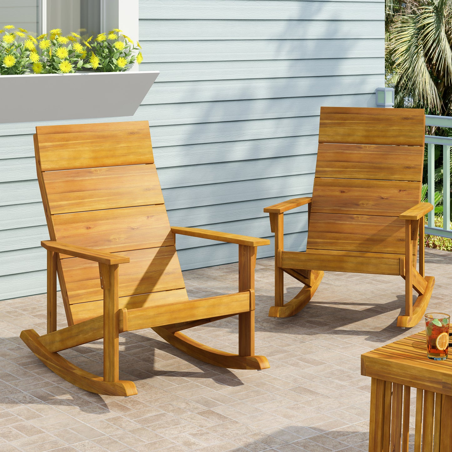 Wooden Outdoor Rocking Chair Adirondack Teak finish  （Set of 2）