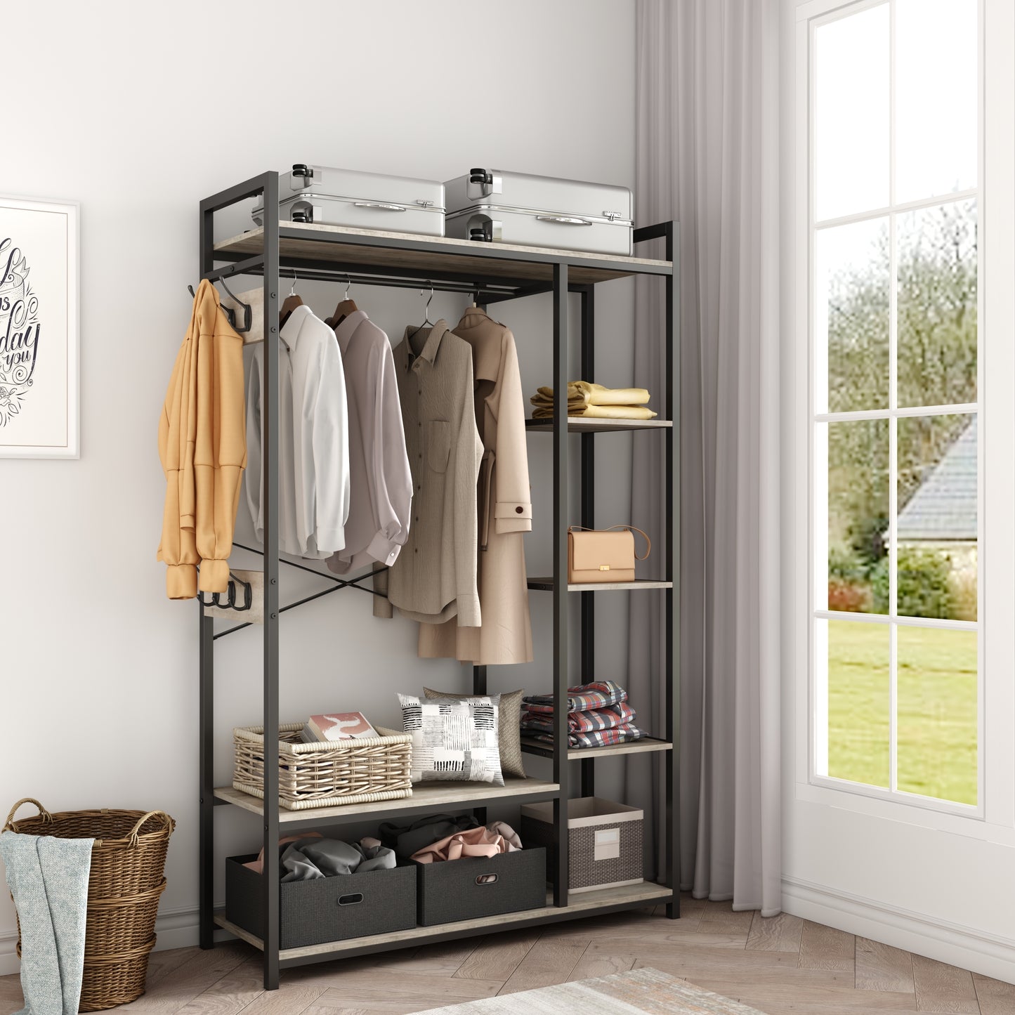 JHX Organized Garment Rack with Storage, Free-Standing Closet System with Open Shelves and Hanging Rod(Grey,43.7’’w x 15.75’’d x 70.08’’h).