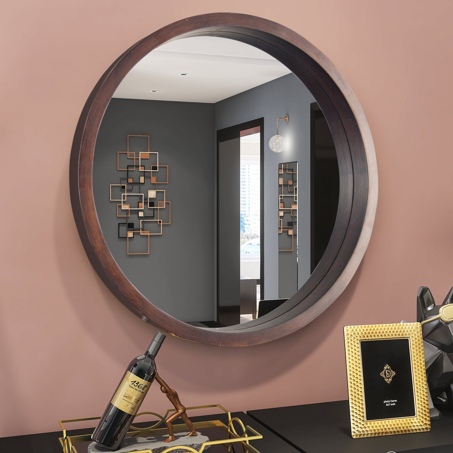 Circle Mirror with Wood Frame, Round Modern Decoration Large Mirror for Bathroom Living Room Bedroom Entryway, Walnut Brown, 24"