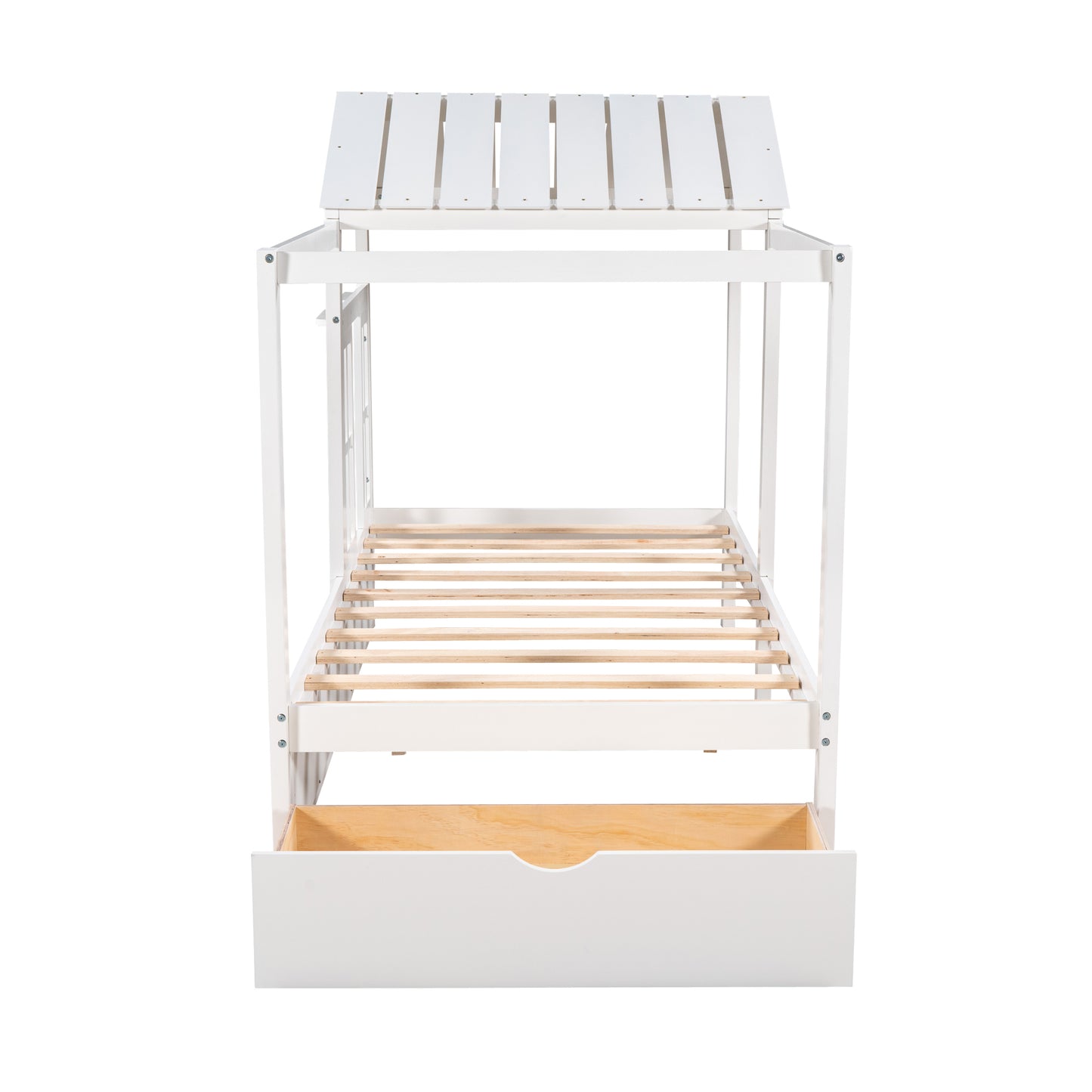 Twin Size House Bed with Roof, Window and Drawer - White