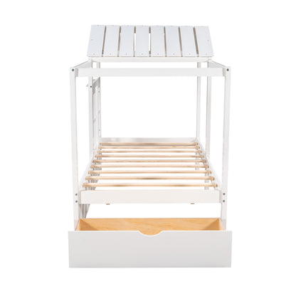 Twin Size House Bed with Roof, Window and Drawer - White