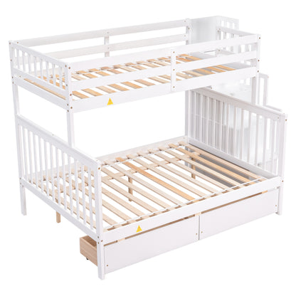 Twin Over Full Bunk Bed with 2 Drawers and Staircases, Convertible into 2 Beds, the Bunk Bed with Staircase and Safety Rails for Kids, Teens, Adults, White