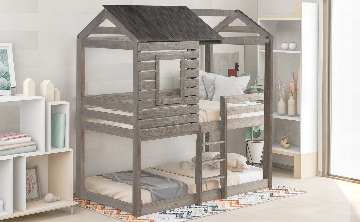 Twin Over Twin Bunk Bed Wood Loft Bed with Roof, Window, Guardrail, Ladder  ( Antique Gray )