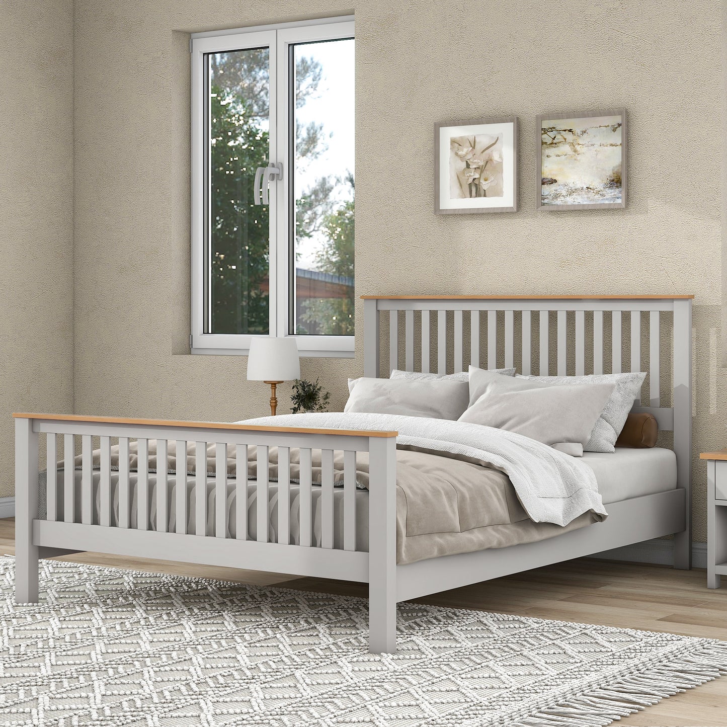 Country Gray Solid Platform Bed with Oak Top, Queen