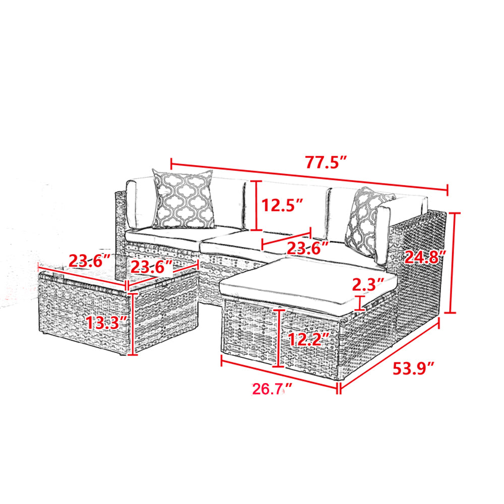 5Pcs Outdoor Garden Patio Furniture  PE Rattan Wicker  Sectional Cushioned Sofa Sets with 2 Pillows and Coffee Table