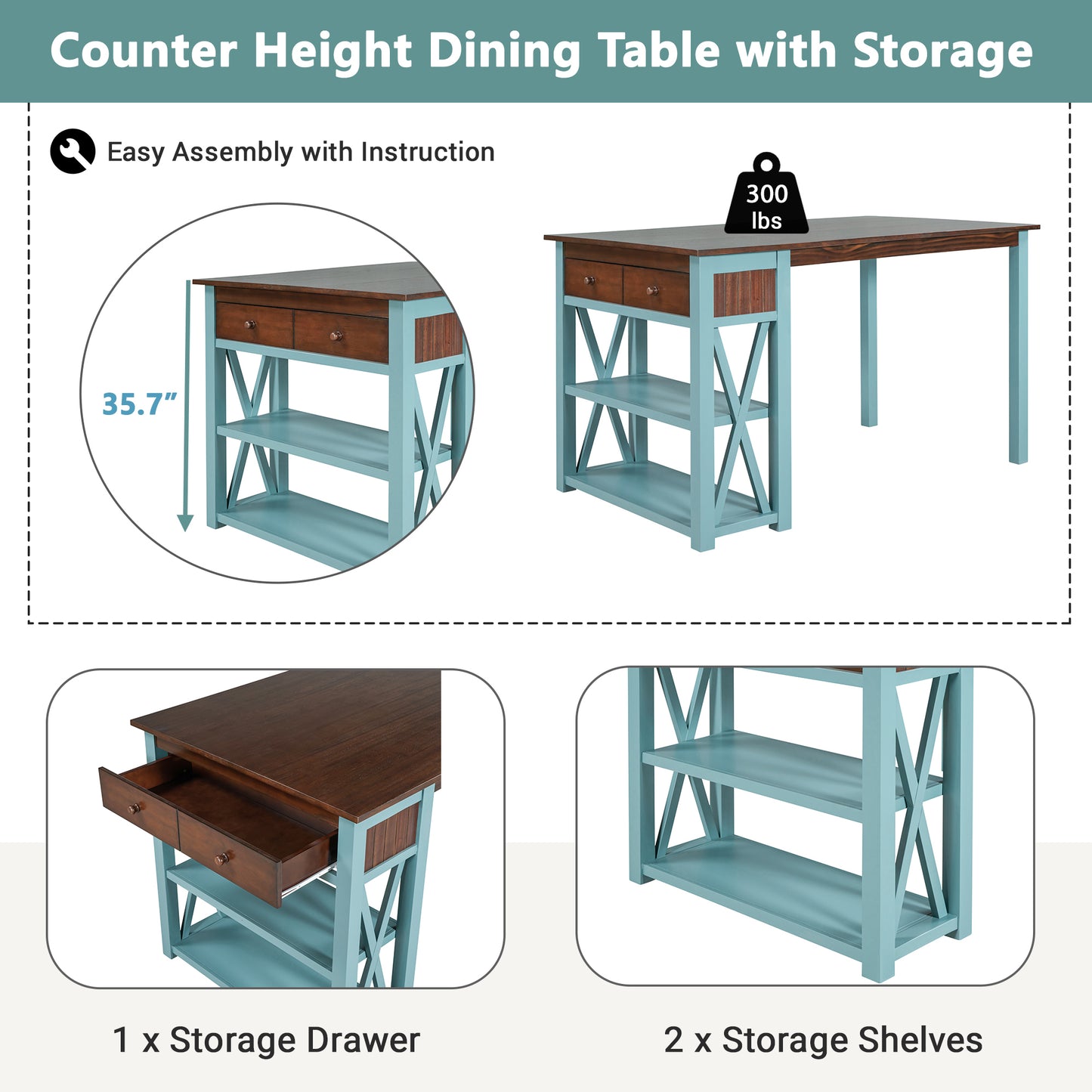 TOPMAX Rustic Wood 4-Piece Counter Height Dining Table Set with Storage Shelves and Drawer, Kitchen Table Set with 2 Stools and Bench,Walnut+Blue