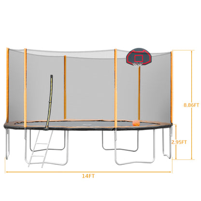 14FT Powder-coated Advanced Trampoline with Basketball Hoop Inflator and Ladder(Outer Safety Enclosure) Orange