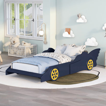 Twin Size Race Car-Shaped Platform Bed with Wheels,Blue+Yellow