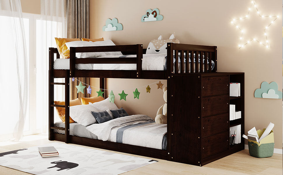 Twin over Twin Bunk Bed with 4 Drawers and 3 Shelves-Espresso（OLD SKU: LP000067AAP）