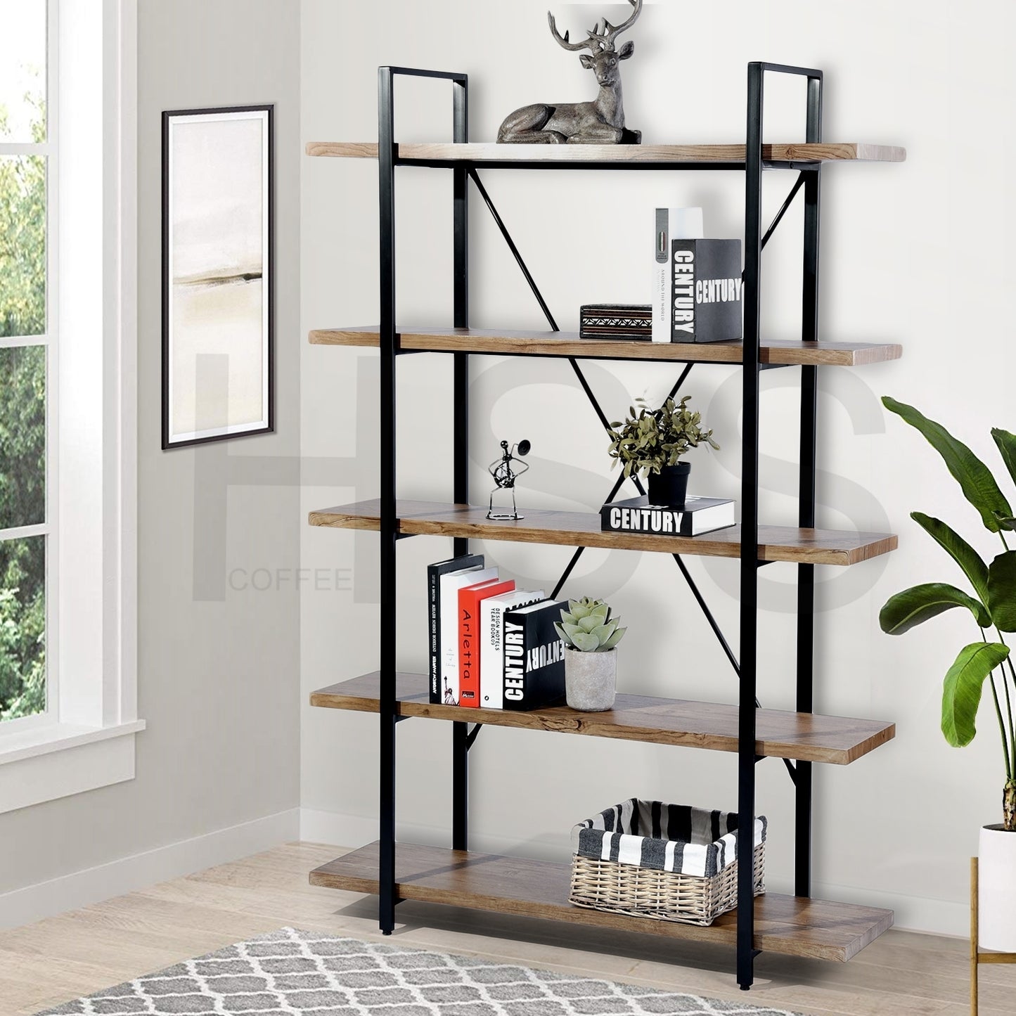 5-Tier Industrial Bookcase With Rustic Wood And Metal Frame, Large Open Bookshelf For Living Room