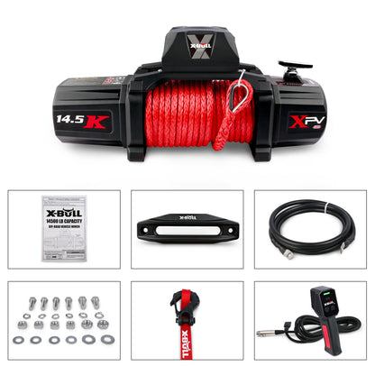 X-BULL 12V Synthetic Rope Winch-14500 lb. Load Capacity Premium Electric Winch Kit,Waterproof IP66 Electric Winch with Hawse Fairlead, with Wireless Handheld Remote and Corded Control Recovery