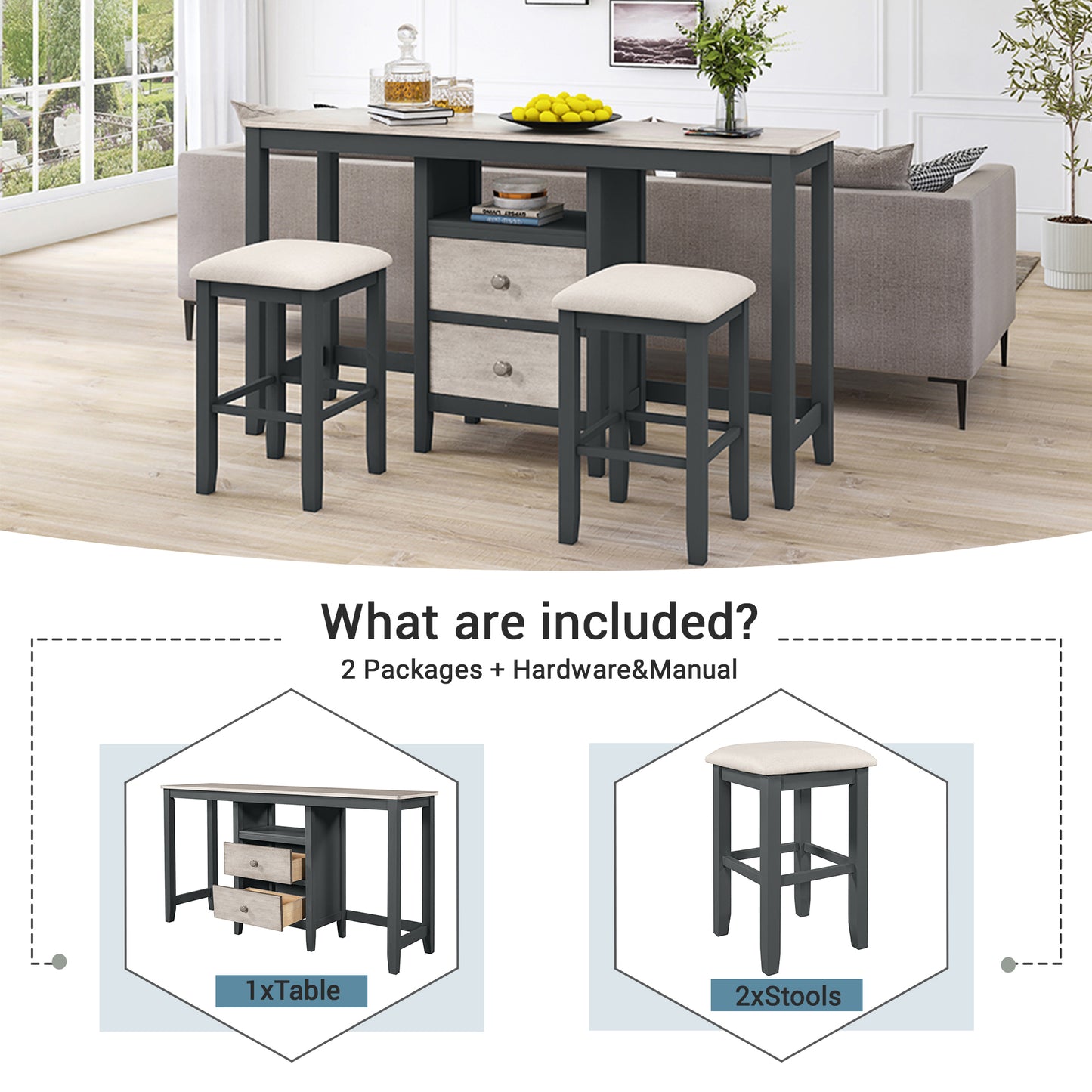 TOPMAX Farmhouse Rustic 3-piece Counter Height Wood Dining Table Set with 2 Storage Drawers and 2 Stools for Small Places, Gray and Distressed Light Gray