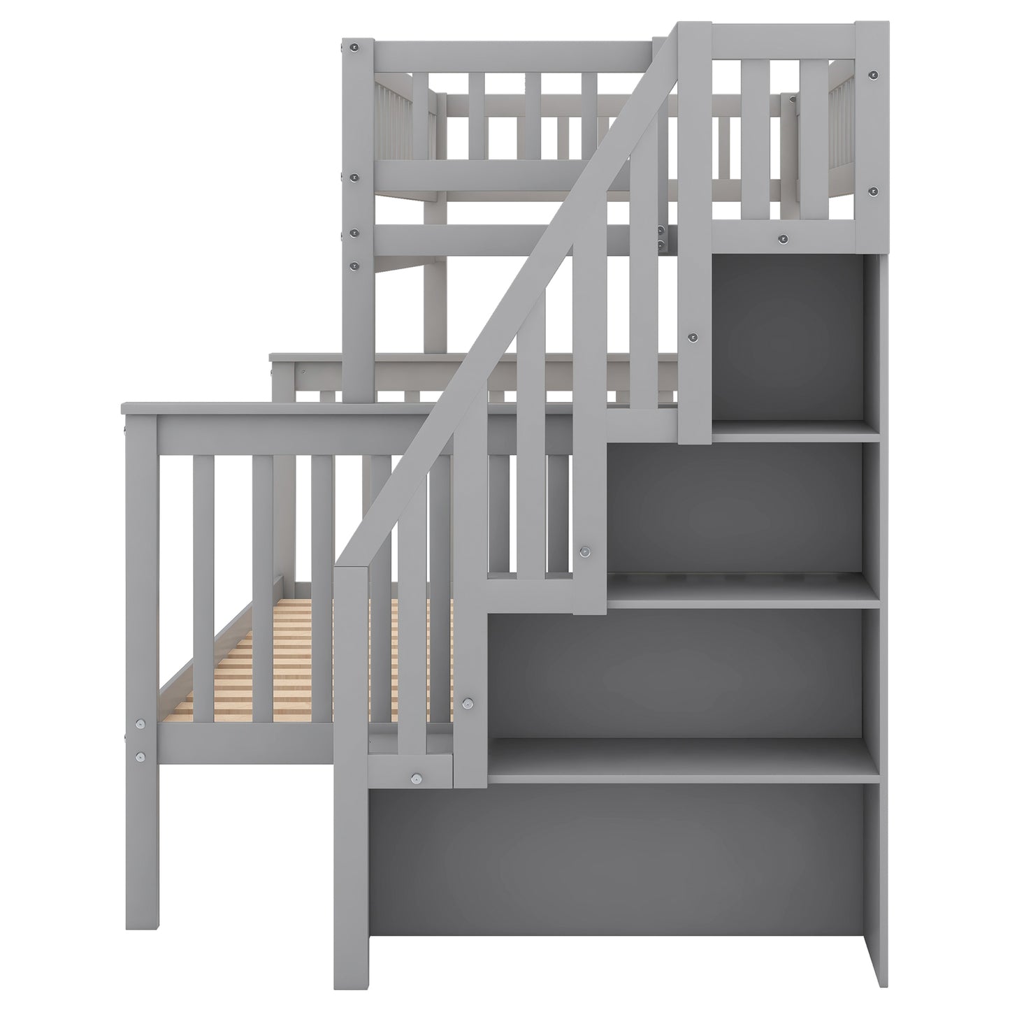 Twin over Full Stairway Bunk Bed with Storage, Gray