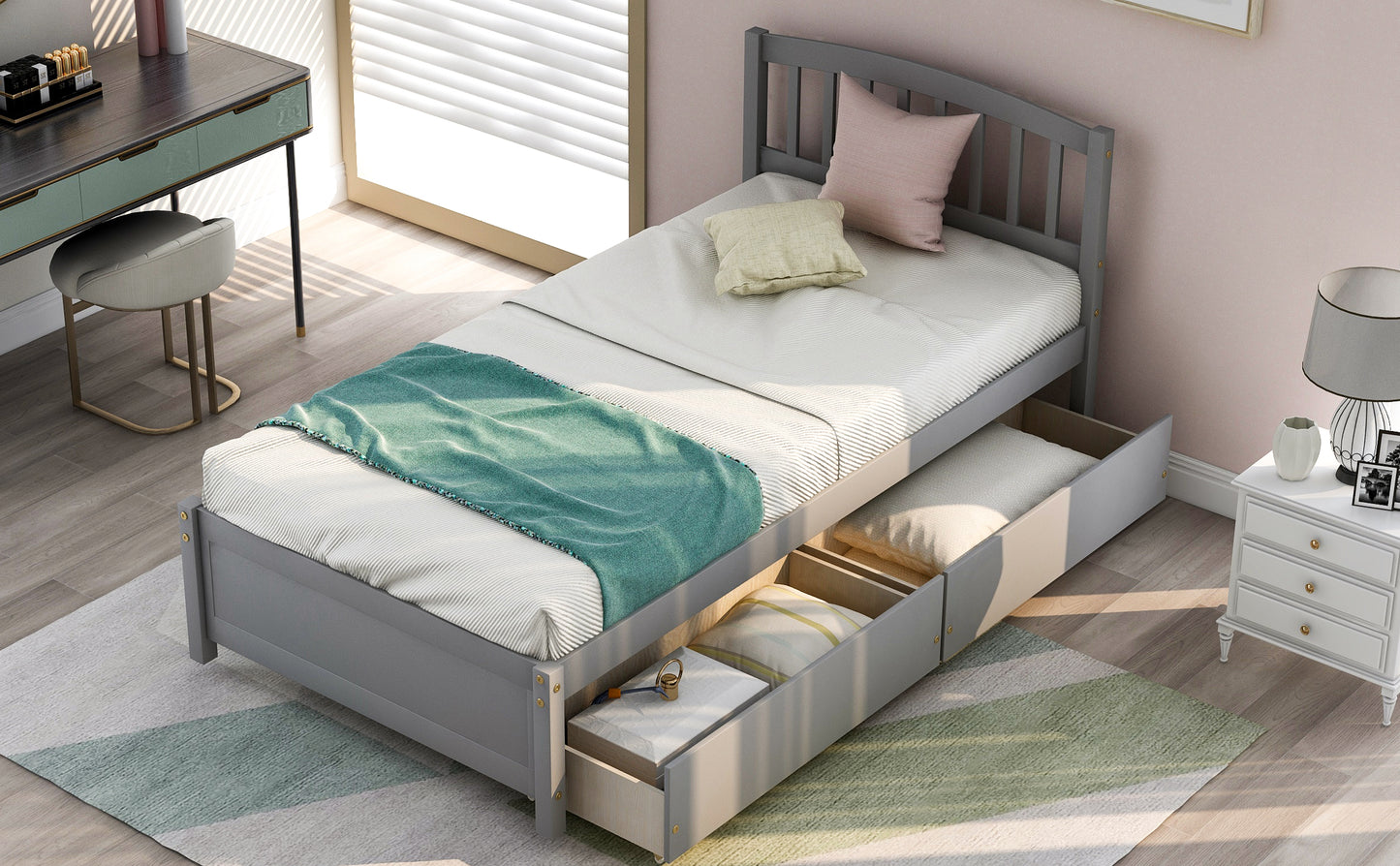 Twin Platform Storage Bed Wood Bed Frame with Two Drawers and Headboard, Gray