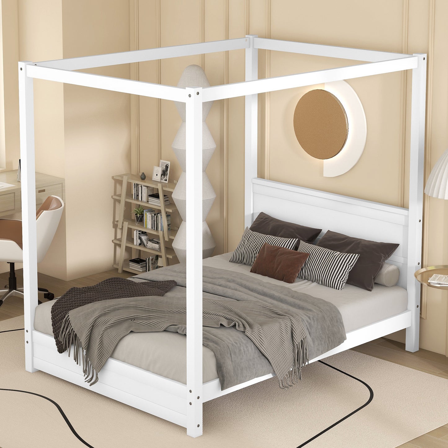 Full Size Canopy Platform Bed with Headboard and Support Legs,White