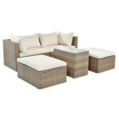 TOPMAX Outdoor Patio Furniture Set, 5-Piece Wicker Rattan Sectional Sofa Set, Brown and Beige