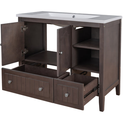 [VIDEO] 36" Bathroom Vanity with Ceramic Basin, Bathroom Storage Cabinet with Two Doors and Drawers, Solid Frame, Metal Handles, Brown