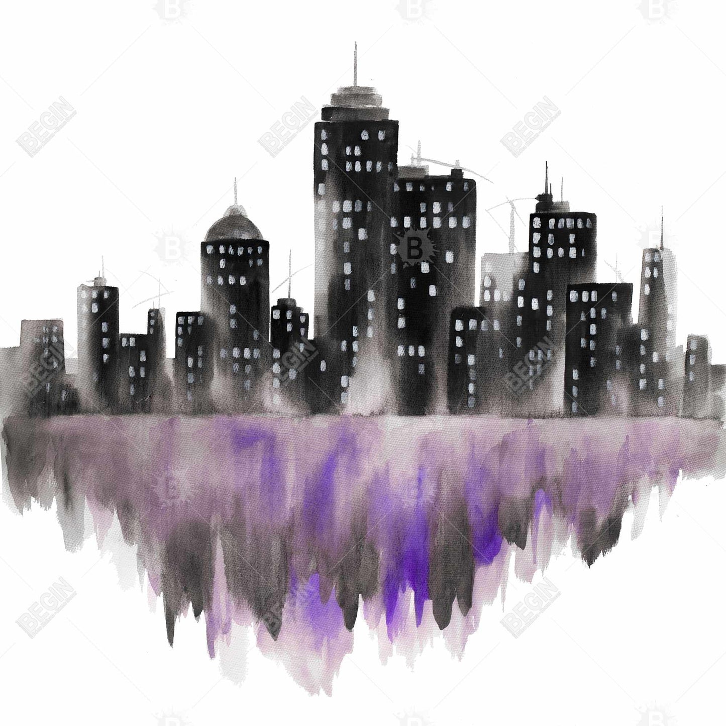 Purple watercolor cityscape - 32x32 Print on canvas