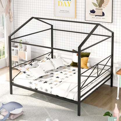 Queen Size Metal House Shape Platform Bed,Black