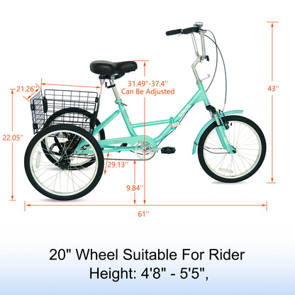 Adult Folding Tricycle ,Foldable 20 inch 3 Wheel Bikes,Single Speed Portable Cruiser Bicycles with Shopping Basket for Seniors,Women, Men