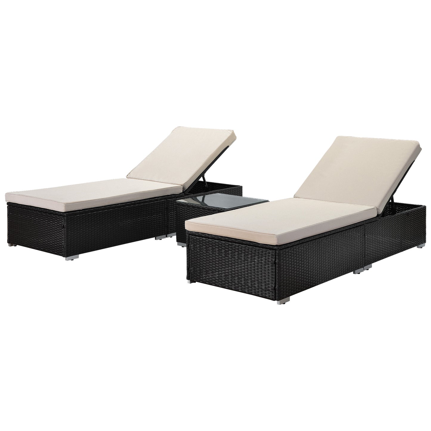 Outdoor Garden 3 Piece Wicker Patio Chaise Lounge Set, adjustable chair; chase longue; lazy boy recliner; outdoor lounge chairs set of 2;beach chairs; recliner chair with coffee table