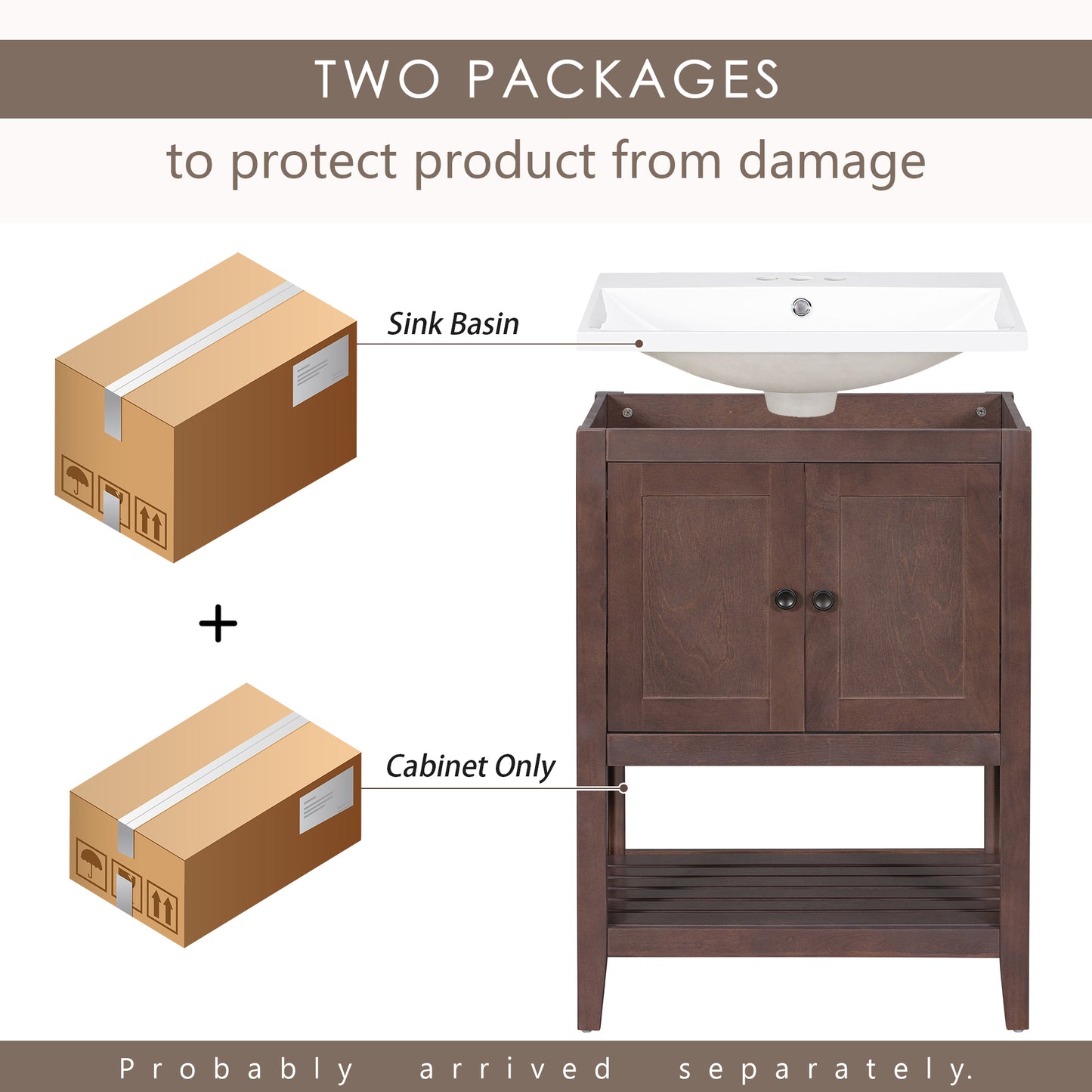 [VIDEO] 24" Brown Modern Sleek Bathroom Vanity Elegant Ceramic Sink with Solid Wood Frame Open Style Shelf