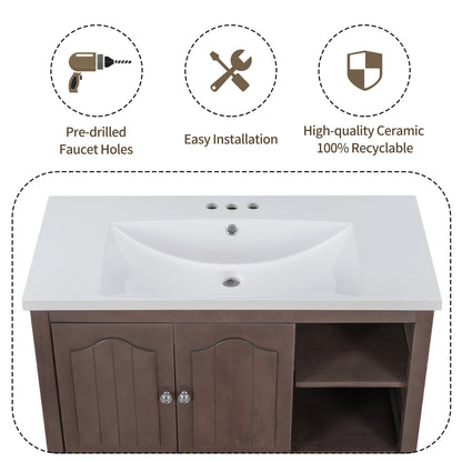 [VIDEO] 36" Bathroom Vanity with Ceramic Basin, Bathroom Storage Cabinet with Two Doors and Drawers, Solid Frame, Metal Handles, Brown