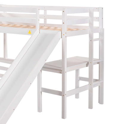 Twin over Full Bunk Bed with Twin Size Loft Bed with Desk and Slide,Full-Length Guardrail, White