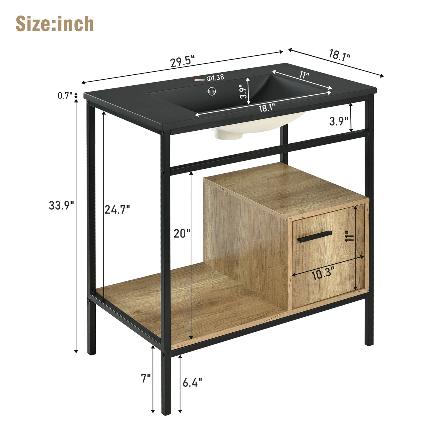 30" Bathroom vanity with Single Sink，Bathroom Storge Cabinet，Metal Frame，Black