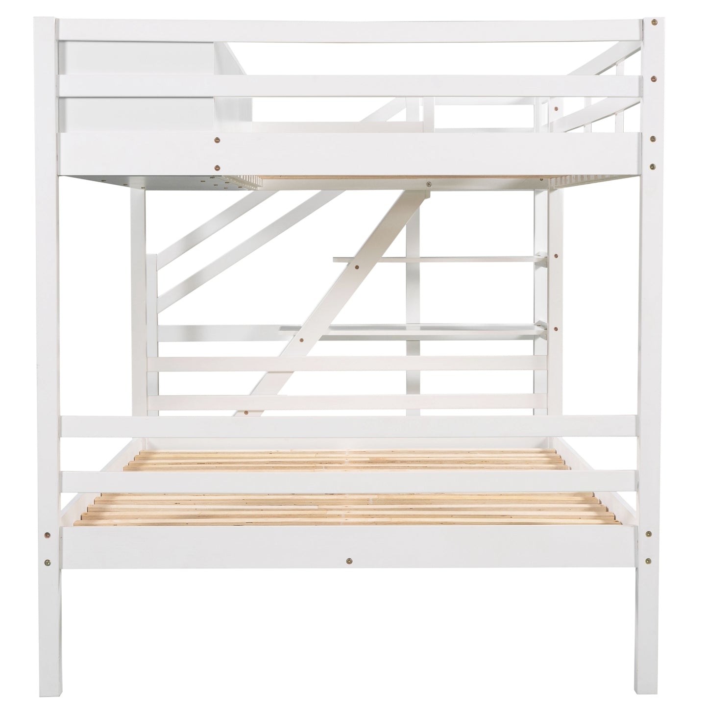 Twin over Full Bunk Bed with Staircase and Built-in Storage Cabinets,White