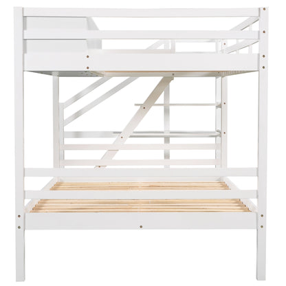 Twin over Full Bunk Bed with Staircase and Built-in Storage Cabinets,White