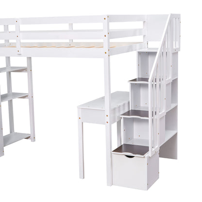 Twin size Loft Bed with Storage Drawers ,Desk and Stairs, Wooden Loft Bed with Shelves - White